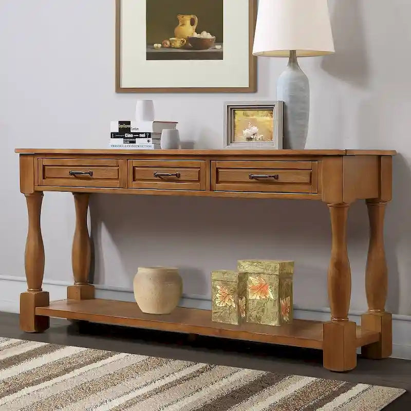 Console en bois massif de 63 po avec 3 tiroirs et 1 étagère inférieure