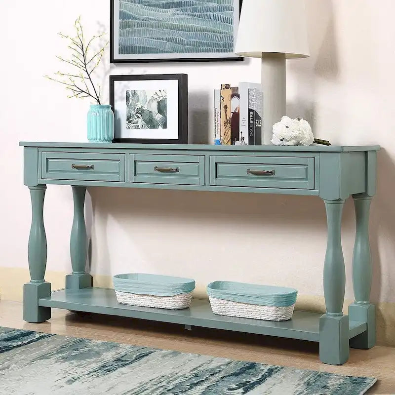 Console en bois massif de 63 po avec 3 tiroirs et 1 étagère inférieure