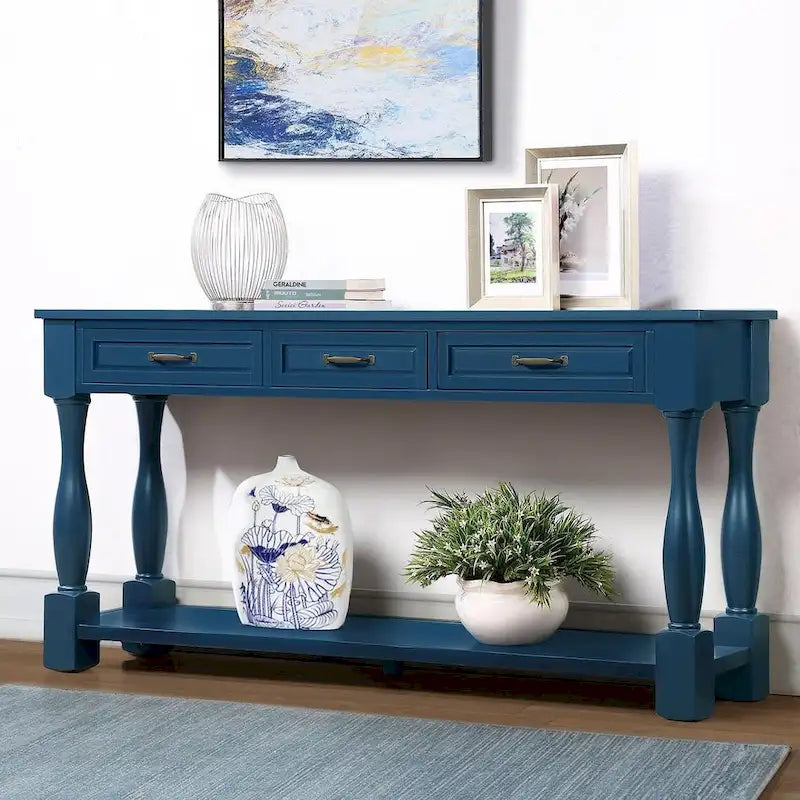 Console en bois massif de 63 po avec 3 tiroirs et 1 étagère inférieure