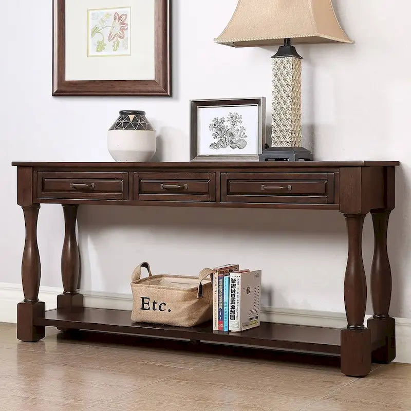 Console en bois massif de 63 po avec 3 tiroirs et 1 étagère inférieure