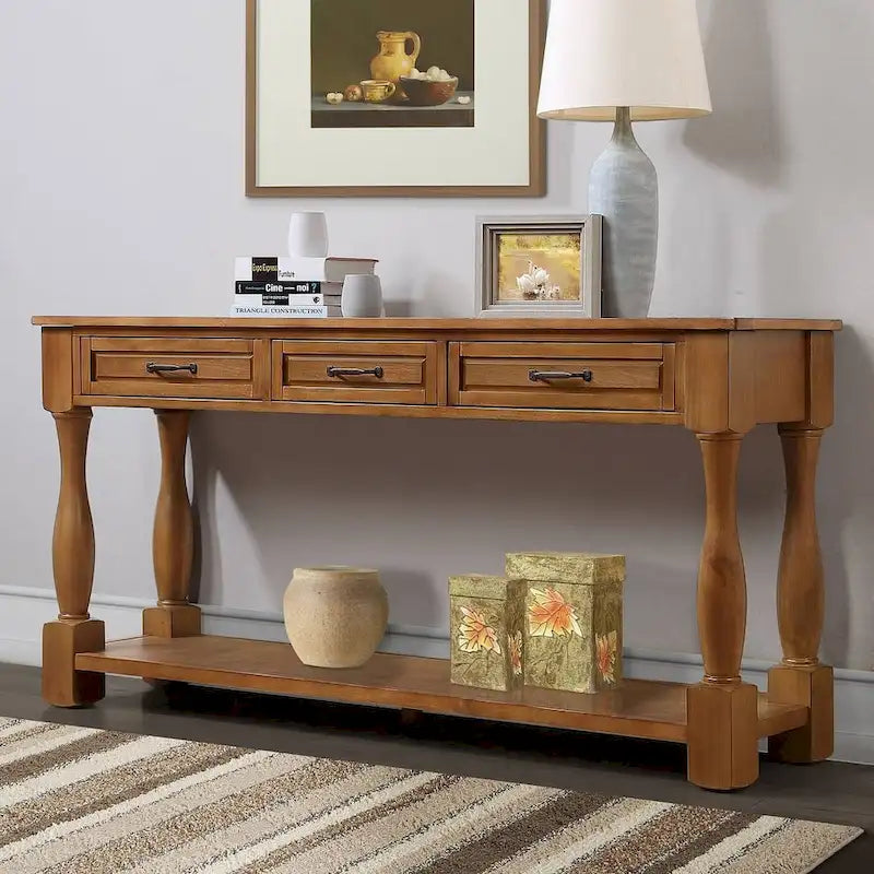 Console en bois massif de 63 po avec 3 tiroirs et 1 étagère inférieure