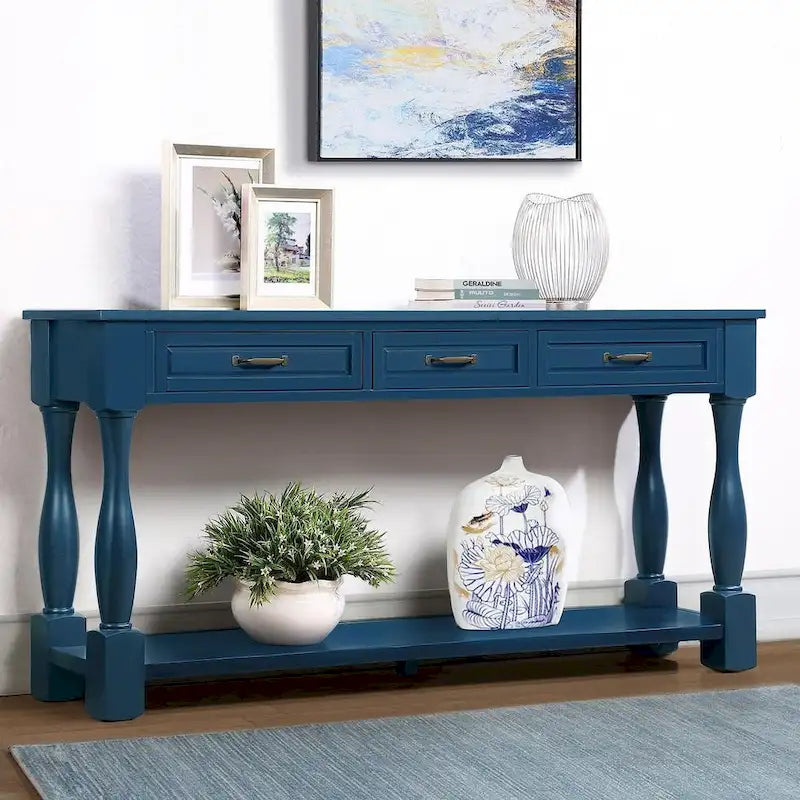 Console en bois massif de 63 po avec 3 tiroirs et 1 étagère inférieure