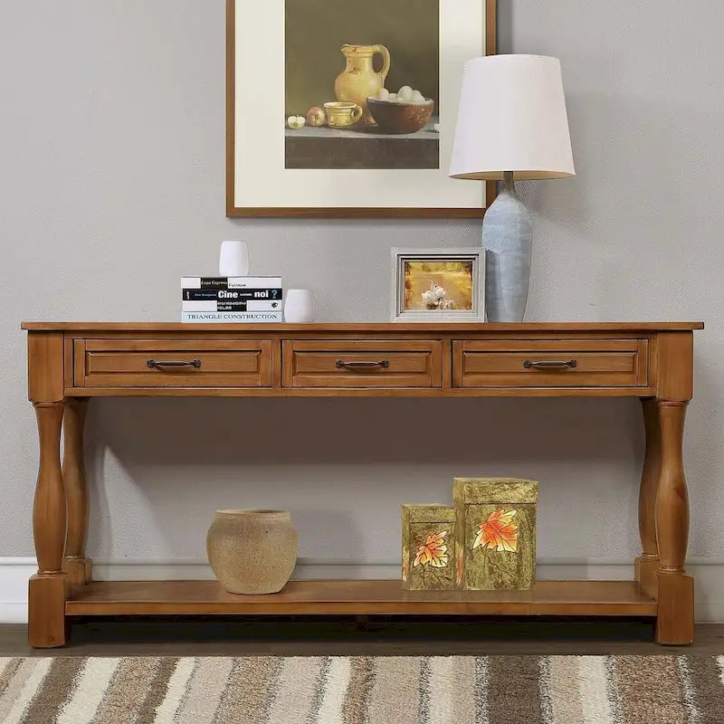 Console en bois massif de 63 po avec 3 tiroirs et 1 étagère inférieure