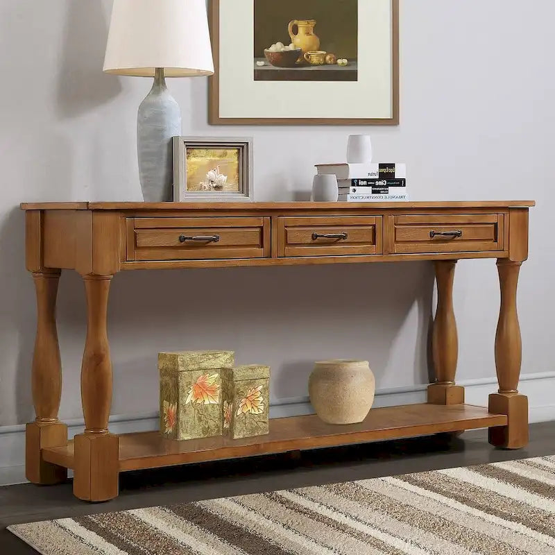 Console en bois massif de 63 po avec 3 tiroirs et 1 étagère inférieure