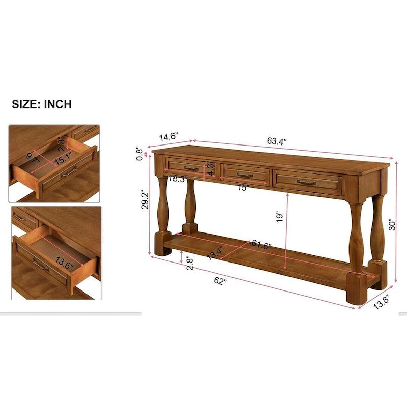 Console en bois massif de 63 po avec 3 tiroirs et 1 étagère inférieure