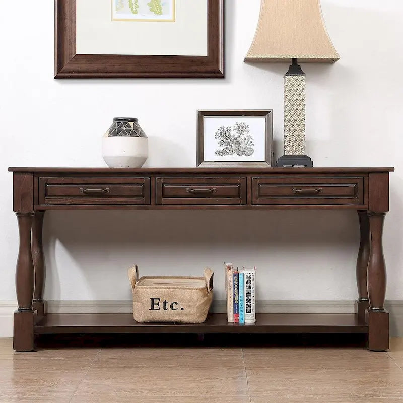 Console en bois massif de 63 po avec 3 tiroirs et 1 étagère inférieure