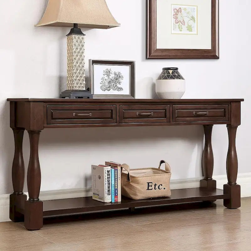 Console en bois massif de 63 po avec 3 tiroirs et 1 étagère inférieure