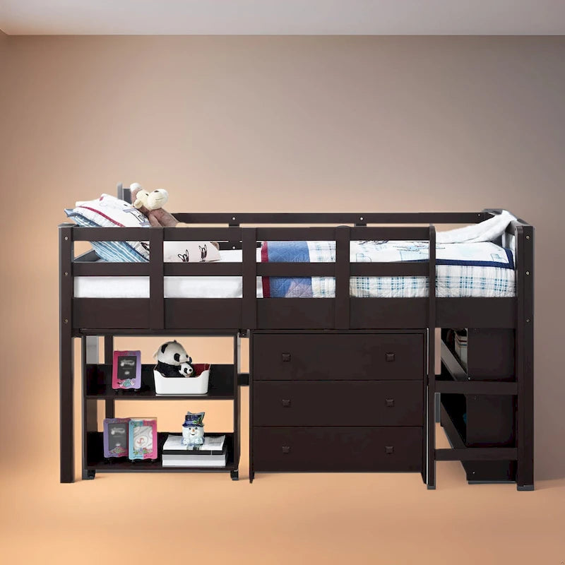 Lit mezzanine simple avec bureau et rangement - Lit mezzanine en pin pour enfants avec armoire et espace d'étude