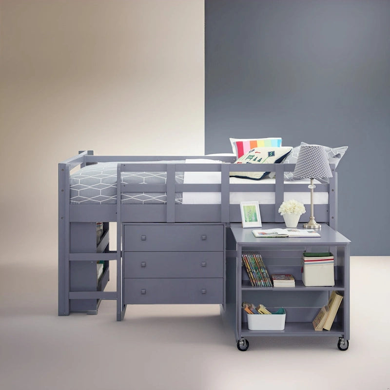 Lit mezzanine simple avec bureau et rangement - Lit mezzanine en pin pour enfants avec armoire et espace d'étude
