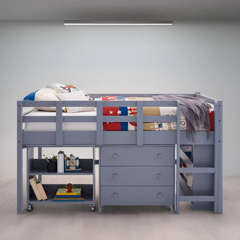 Lit mezzanine simple avec bureau et rangement - Lit mezzanine en pin pour enfants avec armoire et espace d'étude