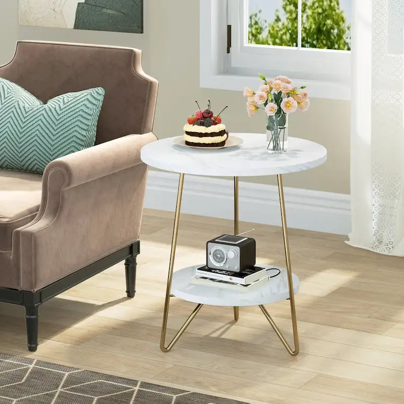 Marble Gold End Table Side Table with Shelves