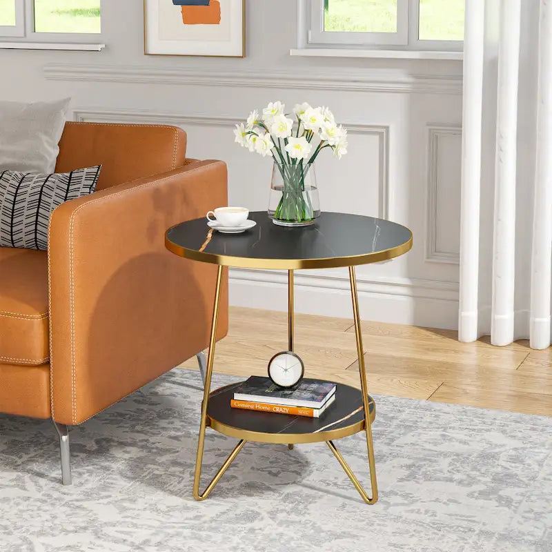 Table d'appoint avec étagères en marbre et or