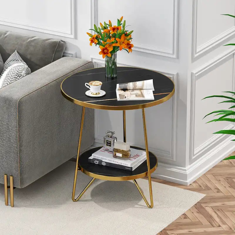 Table d'appoint avec étagères en marbre et or