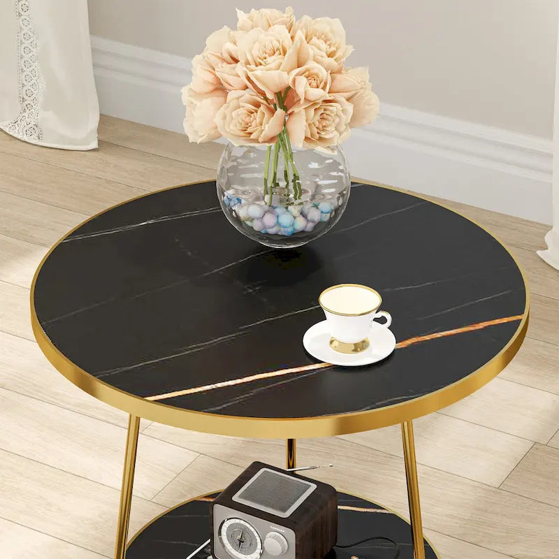 Table d'appoint avec étagères en marbre et or