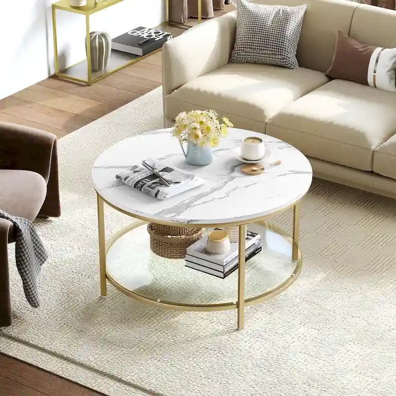 Table basse ronde à plateau en verre et motif marbre blanc, structure circulaire dorée à 2 niveaux