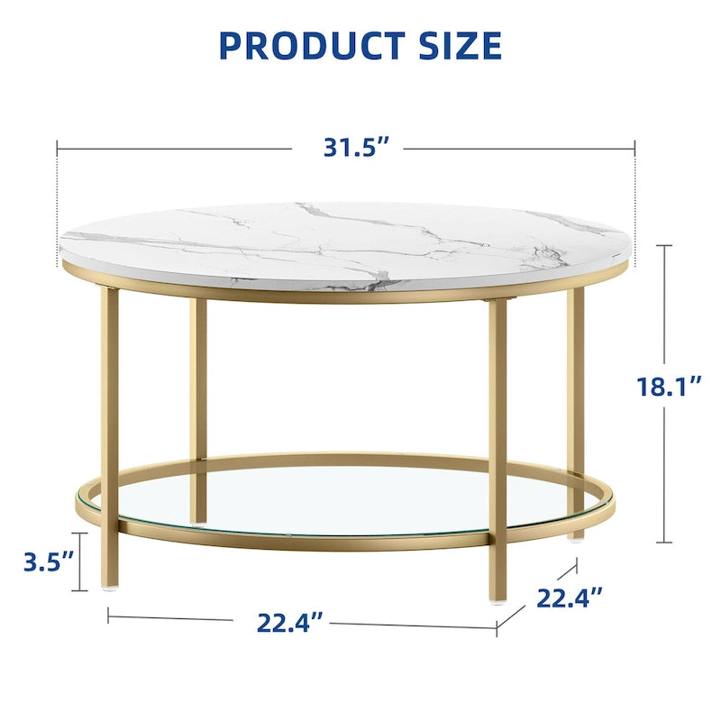 Table basse ronde à plateau en verre et motif marbre blanc, structure circulaire dorée à 2 niveaux