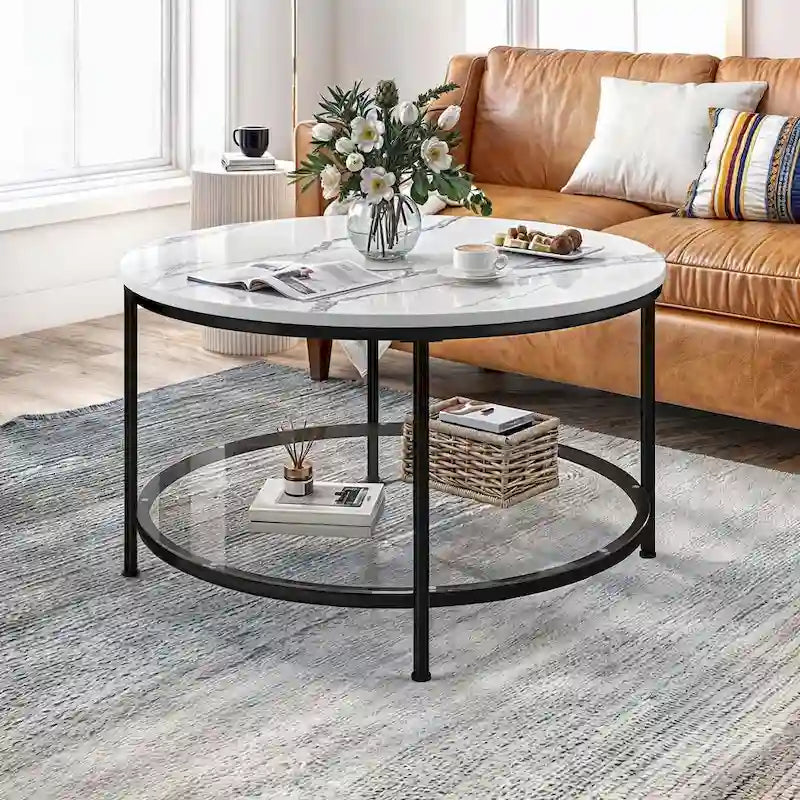Table basse ronde à plateau en verre et motif marbre blanc, structure circulaire dorée à 2 niveaux
