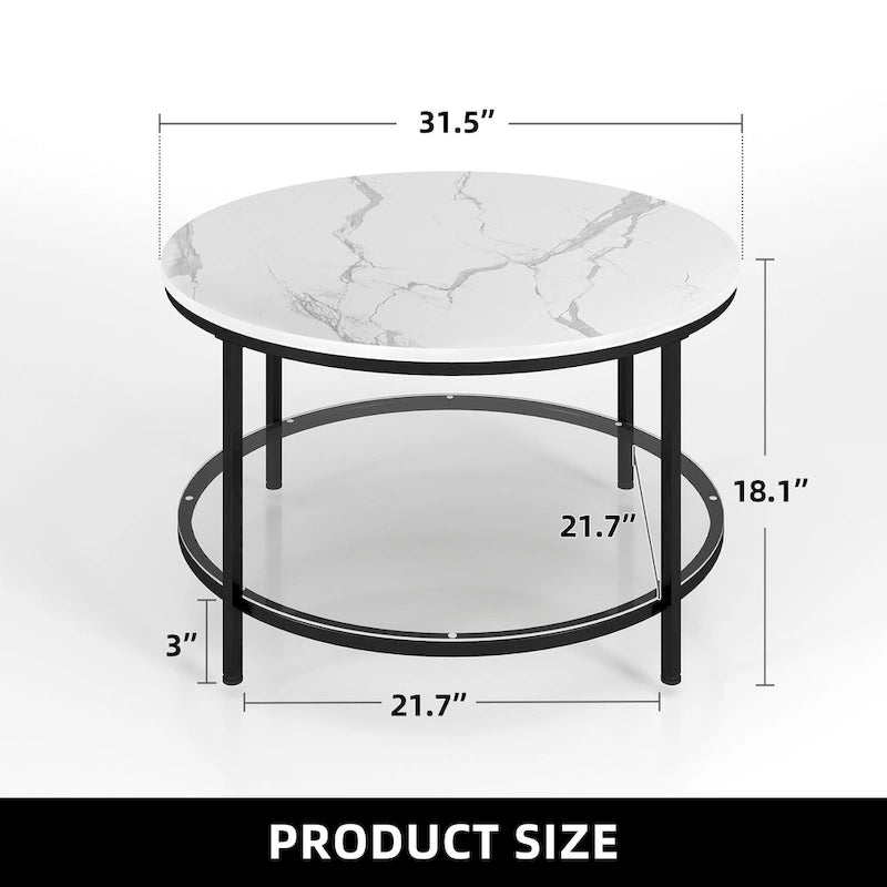 Table basse ronde à plateau en verre et motif marbre blanc, structure circulaire dorée à 2 niveaux