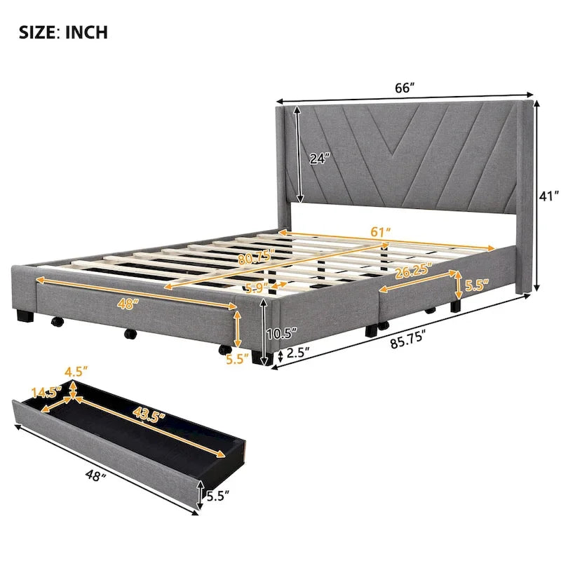 Lit Queen Size avec 3 tiroirs de rangement
