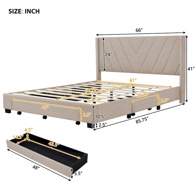 Lit Queen Size avec 3 tiroirs de rangement