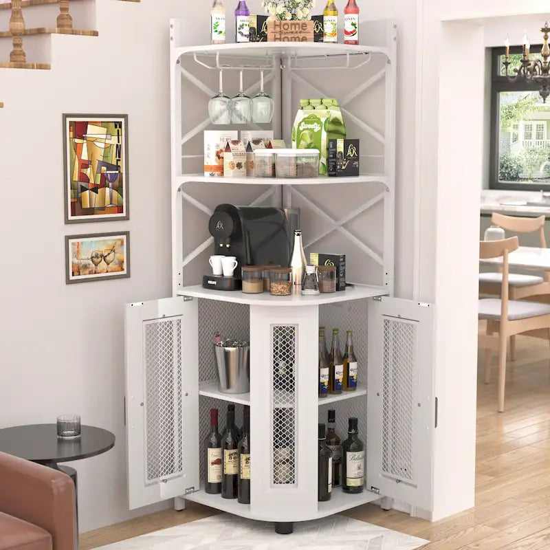 Meuble bar d'angle avec station de recharge et lumière d'ambiance, étagères de rangement pour liqueurs avec porte-verres - Marron