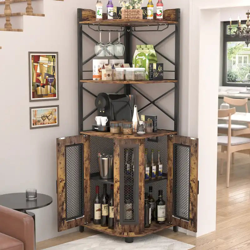 Meuble bar d'angle avec station de recharge et lumière d'ambiance, étagères de rangement pour liqueurs avec porte-verres - Marron