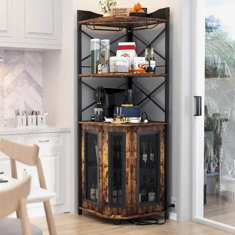 Meuble bar d'angle avec station de recharge et lumière d'ambiance, étagères de rangement pour liqueurs avec porte-verres - Marron