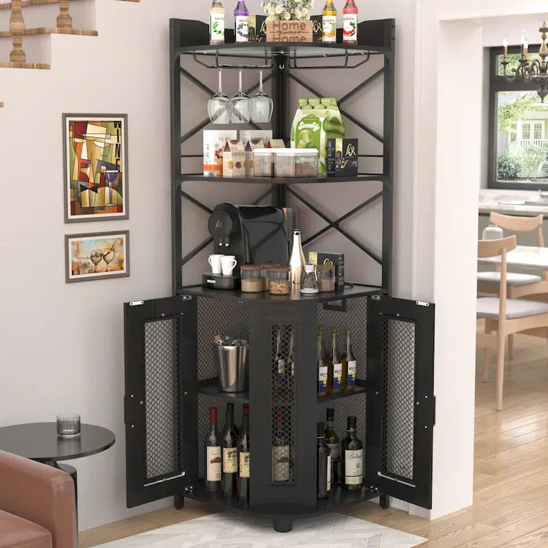 Meuble bar d'angle avec station de recharge et lumière d'ambiance, étagères de rangement pour liqueurs avec porte-verres - Marron