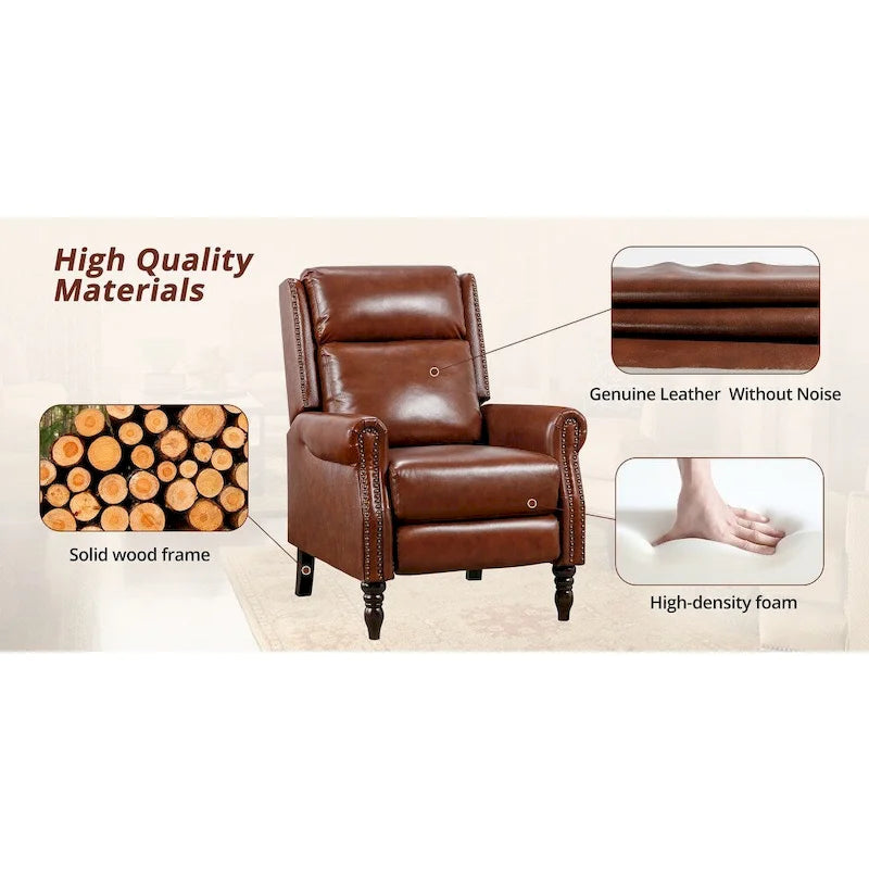 Fauteuil inclinable en cuir véritable à dossier réglable avec accoudoirs confortables pour salon