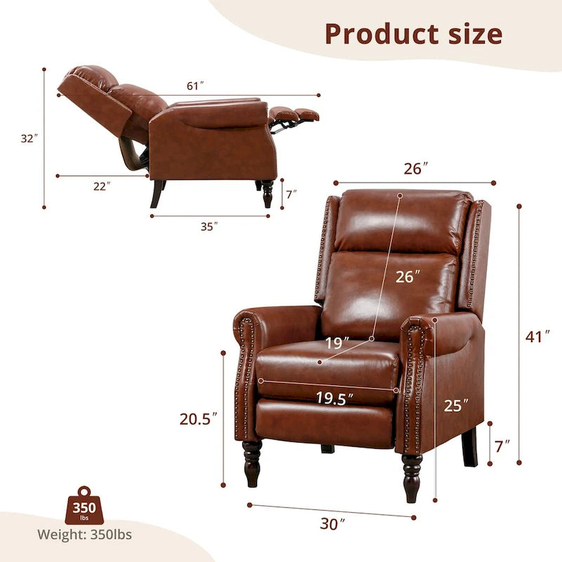 Fauteuil inclinable en cuir véritable à dossier réglable avec accoudoirs confortables pour salon