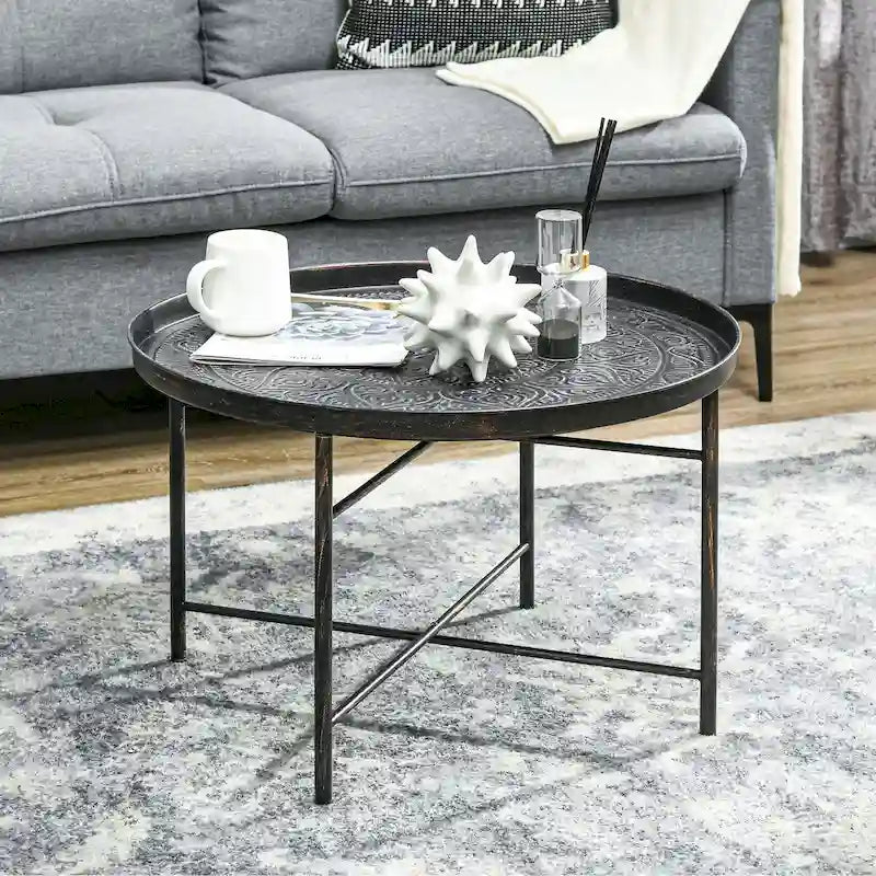 Table basse ronde de 24 po avec plateau martelé, table d'appoint vintage en métal pour salon, chambre à coucher