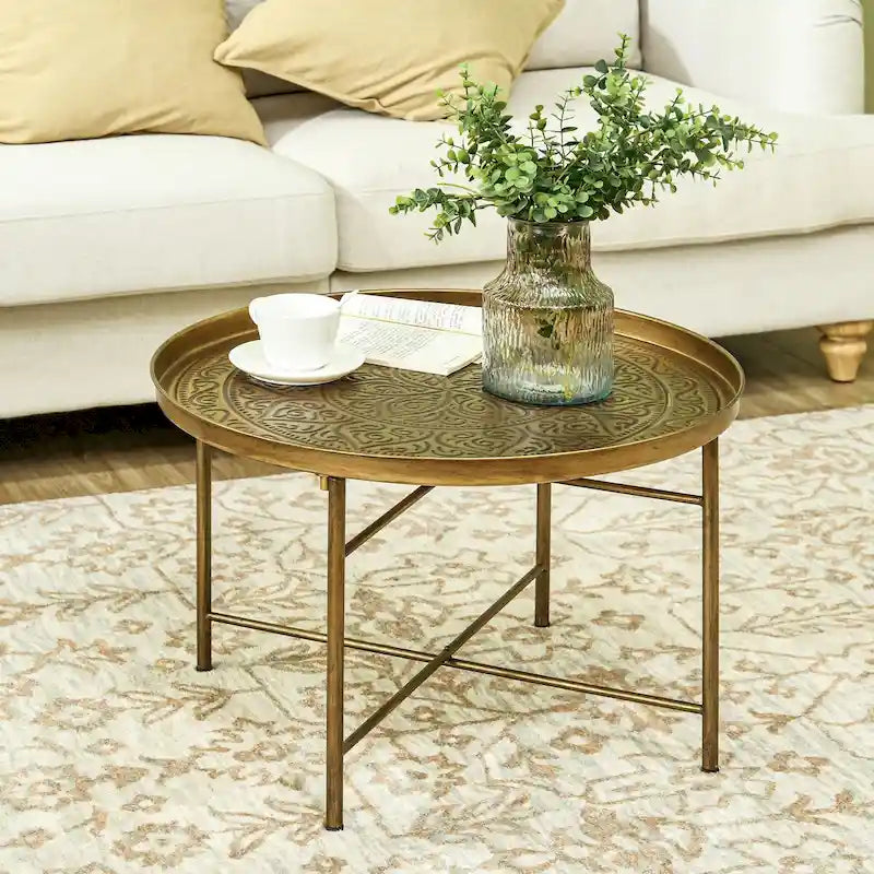 Table basse ronde de 24 po avec plateau martelé, table d'appoint vintage en métal pour salon, chambre à coucher