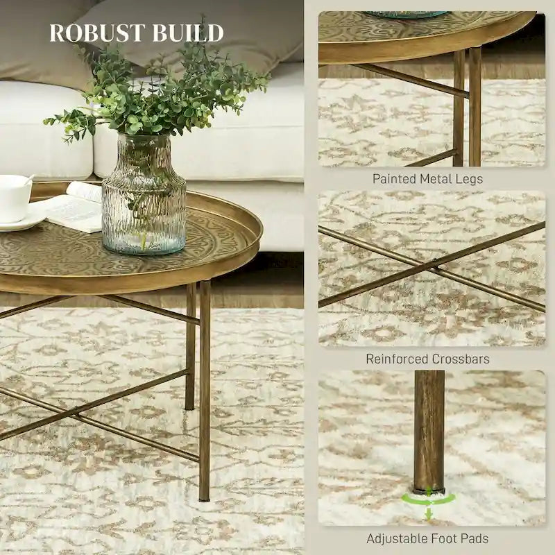 Table basse ronde de 24 po avec plateau martelé, table d'appoint vintage en métal pour salon, chambre à coucher