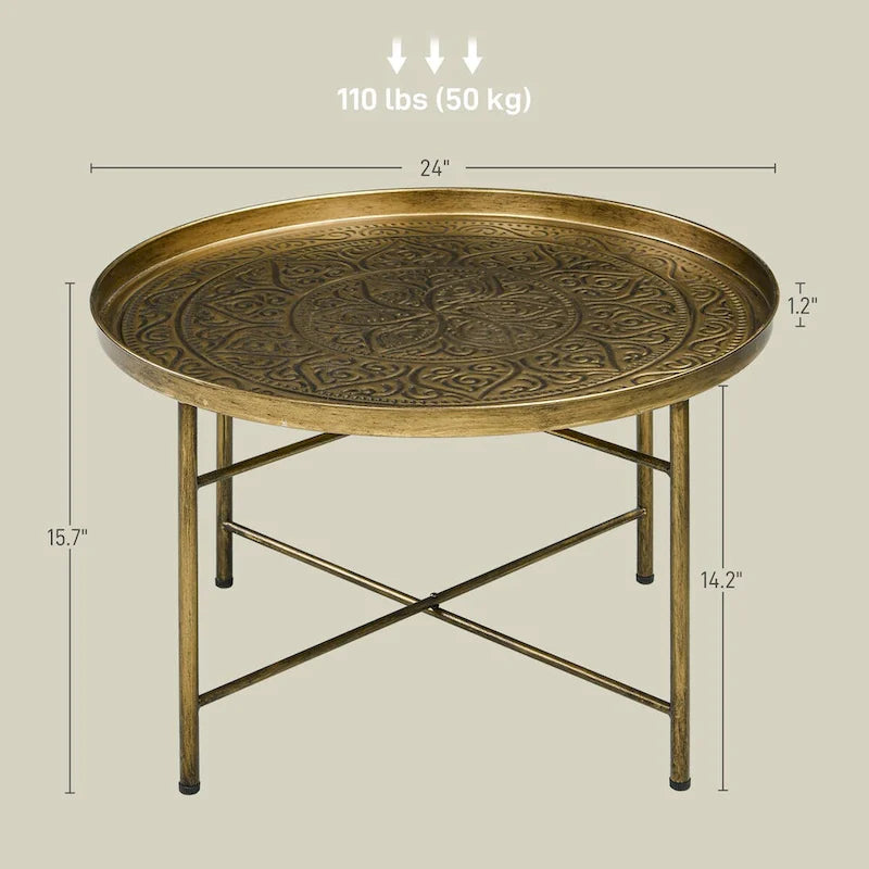 Table basse ronde de 24 po avec plateau martelé, table d'appoint vintage en métal pour salon, chambre à coucher