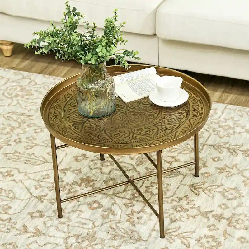 Table basse ronde de 24 po avec plateau martelé, table d'appoint vintage en métal pour salon, chambre à coucher