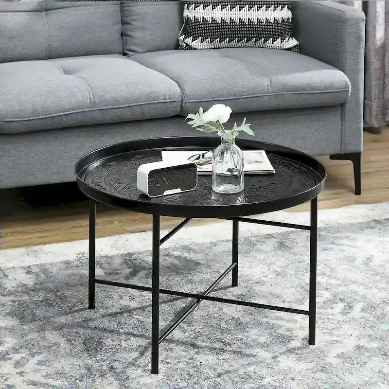 Table basse ronde de 24 po avec plateau martelé, table d'appoint vintage en métal pour salon, chambre à coucher