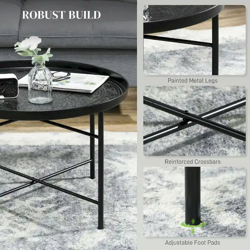 Table basse ronde de 24 po avec plateau martelé, table d'appoint vintage en métal pour salon, chambre à coucher