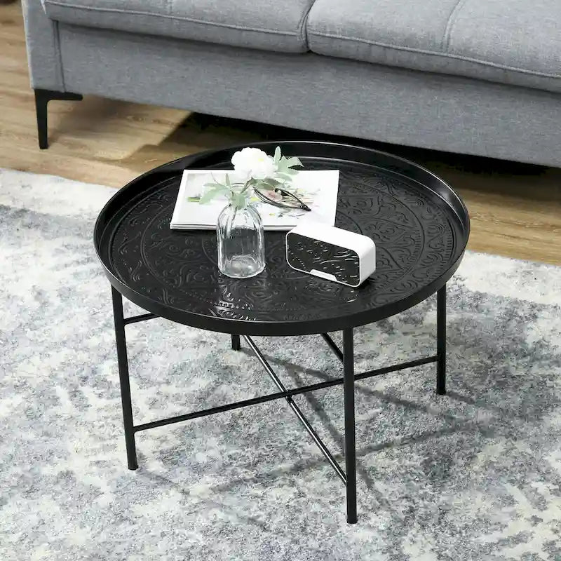 Table basse ronde de 24 po avec plateau martelé, table d'appoint vintage en métal pour salon, chambre à coucher