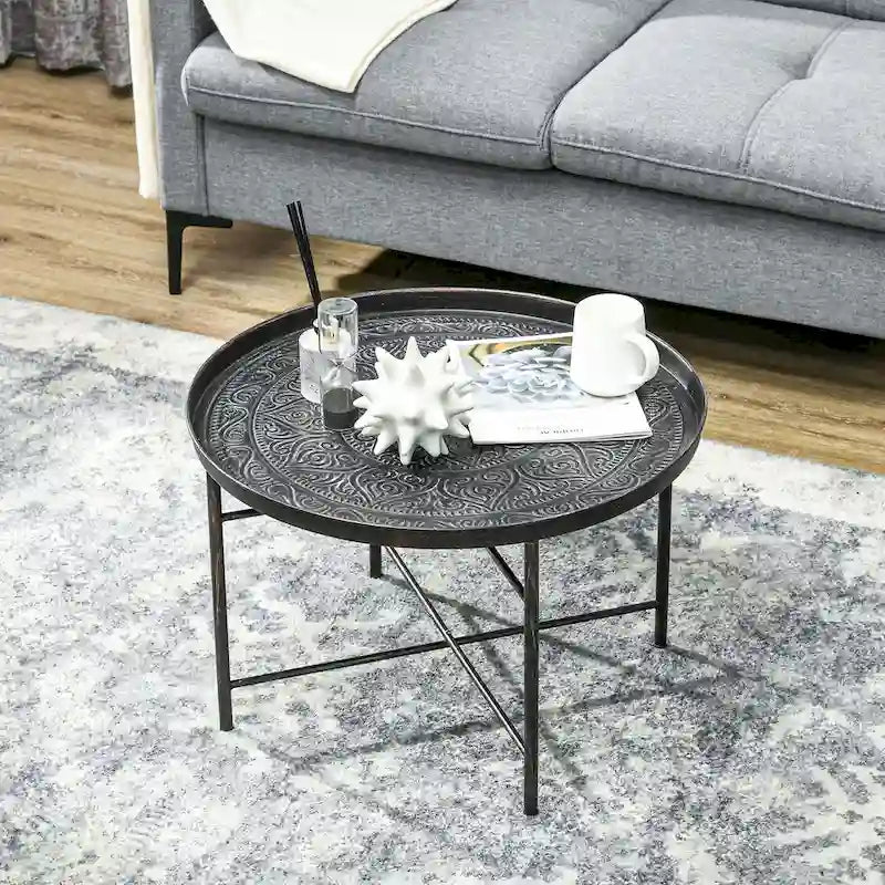 Table basse ronde de 24 po avec plateau martelé, table d'appoint vintage en métal pour salon, chambre à coucher