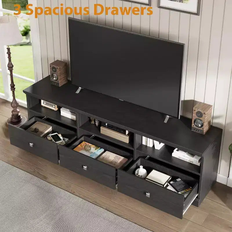 Meuble TV Mid-Century Modern de 178 cm avec tiroir de rangement et étagères ouvertes